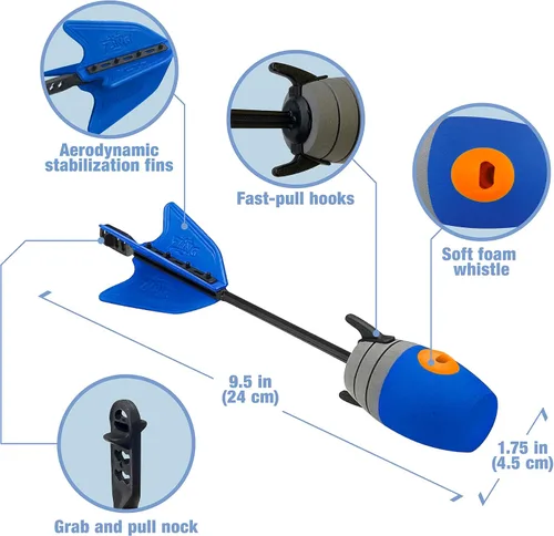 Vista 6 de Zing HyperStrike Dominator Bow Pack – 1 arco dominador azul, 4 flechas de silbato zónico azul, 1 juego de repuesto de cuerda elástica y 1 correa