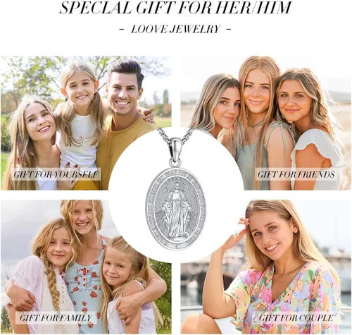Vista 9 de LOOVE Collar de plata de ley 925 de San MiguelSan CristópaloCrucifijo de JesúsSan BenitoVirgen María milagrosa para hombres y mujeres arcángel