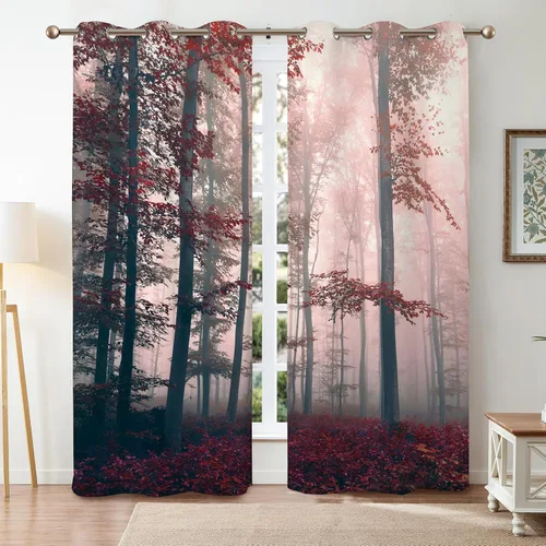 Vista 8 de Renaiss Cortinas opacas de bosque rojo, diseño de bosque negro brumoso, hojas rojas, cortinas de dormitorio de naturaleza misteriosa para cocina, 45