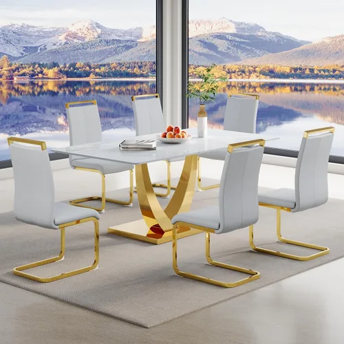Vista 17 de Juego de mesa de comedor para 4, mesa de comedor de mármol sintético de 63 pulgadas con patas y base de acero inoxidable, sillas acolchadas