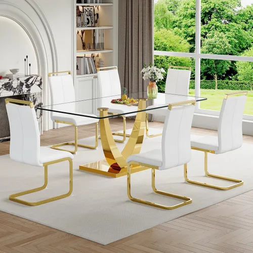 Vista 30 de Juego de mesa de comedor de cristal de 63 pulgadas para 4, mesa de comedor para 4, mesa de comedor con patas y base de acero inoxidable, sillas