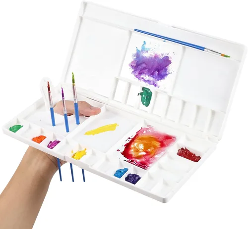 Vista 8 de Junreox Paleta de acuarela, paleta de acuarela grande con 24 pozos y 5 áreas de mezcla, paleta de pintura premium con tapa, bandeja de pintura