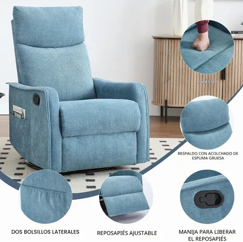 Vista 6 de Silla reclinable giratoria para adultos, masaje y calor, tela, azul