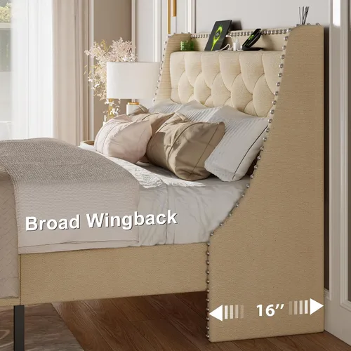 Vista 4 de Feonase - Base de cama tamaño completo con respaldo de alas de lujo y estación de carga rápida, base de cama tapizada con botones y cabecera