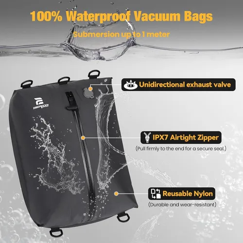 Vista 4 de Bolsas de vacío para viajes con bomba, juego de 3 tamaños, bolsas de compresión al vacío reutilizables para equipaje, ahorro de espacio IP67, cubos