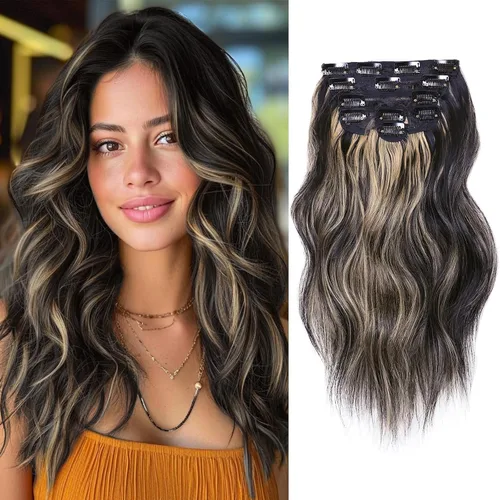 Vista 21 de NAYOO - Extensiones de cabello con clip, extensiones sintéticas onduladas de 20 pulgadas, 6 unidades Wavy Curly Hair, Full Head Coverage, Heat