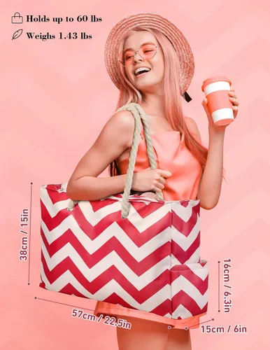 Vista 2 de Allinside Bolsa de playa a rayas onduladas para mujer, bolsa de playa extra grande, impermeable, bolsa de fin de semana para gimnasio, playa