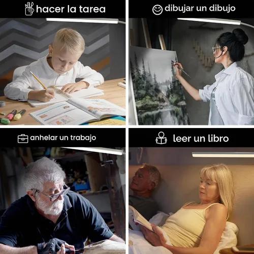Vista 5 de Lámpara de escritorio LED con abrazadera, 5 modos de color y 10 niveles de brillo, luz de escritorio para cuidado de los ojos, cuello de cisne
