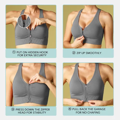 Vista 4 de Evercute Sujetador deportivo con cremallera frontal para mujer, brasier deportivo sin alambre, con tirantes acolchados, soporte medio, para yoga