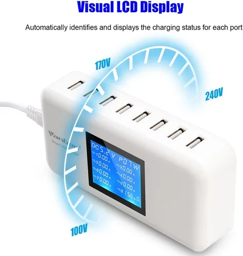 Vista 3 de Estación de carga de escritorio de 60W/12A de 8 puertos Múltiples USB, Hub de cargador de pared rápido de viaje de múltiples puertos con LCD