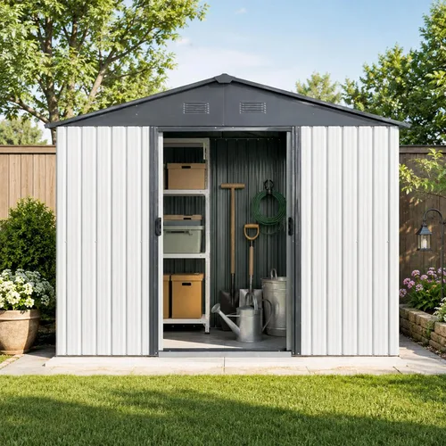 Vista 12 de Cobertizo de almacenamiento para exteriores de 6.23 x 4.3 pies con base de metal, puertas correderas y ventanas, protección solar, cobertizo de Gris