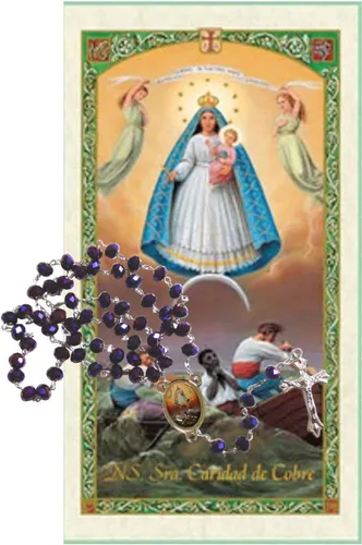 Vista 2 de Gifts by Lulee, LLC Caridad del Cobre Cachita Patrona de Cuba Rosario de Cuarzo Amatista con Cuentas Facetadas Centro y Crucifijo de Plata Anodizada