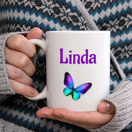 Vista 2 de Linda Taza de café – Taza de cerámica personalizada de mariposa con nombre, taza personalizada, regalo personalizado de cumpleaños/Navidad, regalo