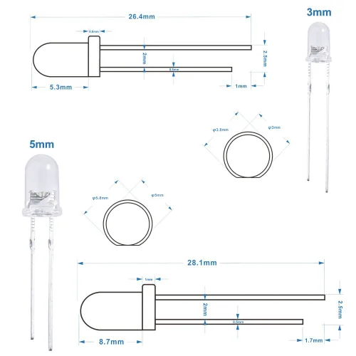 Vista 5 de Elegoo kit de led surtidos transparentes y difusos de 3mm y 5mm, US-EL-CP-010, 0.15watts