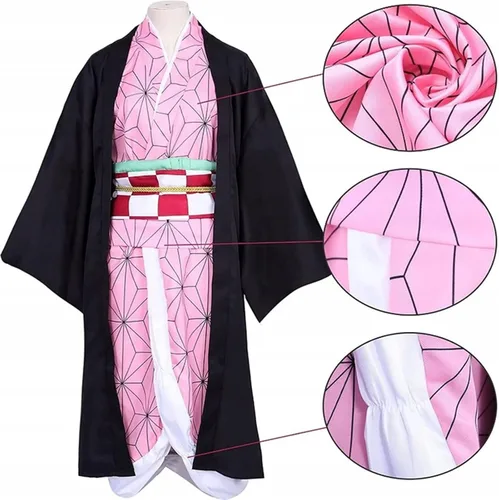 Vista 5 de Nezuko - Disfraz completo de cosplay con peluca de bambú capa de bambú para Navidad, día de Acción de Gracias, uniforme para niñas y mujeres