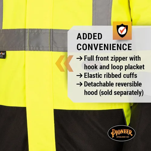 Vista 2 de Pioneer Hi Vis - Chaqueta impermeable de seguridad 2 en 1 para hombres y mujeres, se invierte a un acolchado negro, equipo impermeable reflectante
