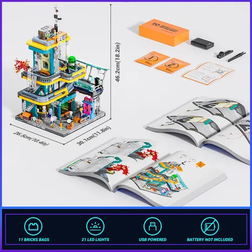 Vista 6 de FUNWHOLE Cyberpunk Mansion Lighting - Juego de ladrillos de construcción – 2524 piezas de edificios modulares de ciudad futura idea de exhibición