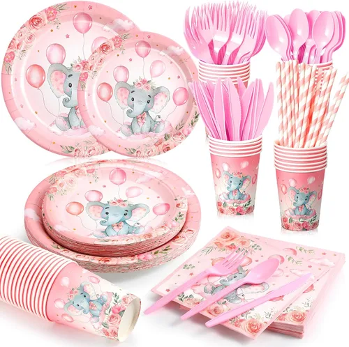 Vista 8 de Spakon Juego de 200 piezas de decoración de baby shower, platos de papel para fiesta de elefante, servilletas, tazas y vajilla, juego de vajilla Azul