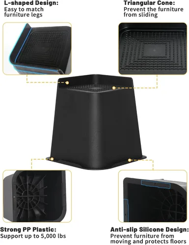 Vista 7 de Affogato Elevadores de cama, paquete de 4 elevadores de muebles resistentes de 8 pulgadas, extensores de patas de mesa, elevadores de cama