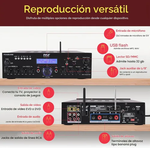Vista 2 de [Usado] Pyle Combo de micrófono inalámbrico/amplificador Bluetooth, potencia máxima de 200 W, receptor de audio estéreo de doble canal con USB