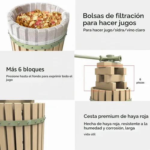 Vista 4 de Prensa de frutas y vinos verdes de 1.6 galones, máquina manual de jugo de sidra con cesta de madera de haya maciza y soporte resistente