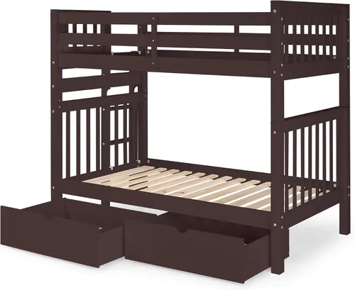 Vista 3 de Bedz King Literas altas de tamaño individual sobre individual, estilo Mission con escalera lateral y 2 cajones debajo de la cama, color cereza oscuro