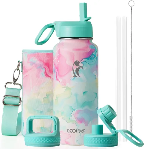 Vista 60 de Coolflask Botella de agua de 24 onzas aislada con pajilla, 3 tapas de metal de acero inoxidable, botella de agua de boca ancha para deportes u