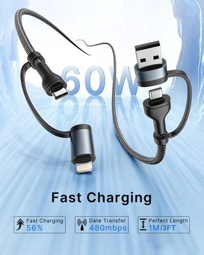 Vista 7 de Cable de carga 4 en 1, adaptador USB C Lightning USB C a USB C 60W PD [carga rápida y sincronización de datos] Cargador múltiple 4 en 1 para iPhone