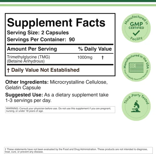 Vista 2 de Double Wood Supplements TMG Suplemento de trimetilglicina 1,000 mg por porción, 180 cápsulas (suplementos TMG para control de homocisteína) TMG