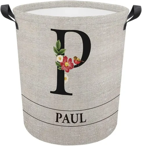 Vista 17 de Cesta de lavandería con inicial floral personalizada, monograma, nombre personalizado, flores y pájaros, cesta de ropa plegable de tela, caja