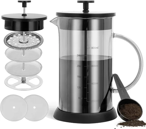 Vista 16 de YMMIND - Cafetera de prensa francesa de 34 onzas, cafetera de espresso de 5 tazas, cafetera de cobre para café frío con resistencia al calor y Ámbar