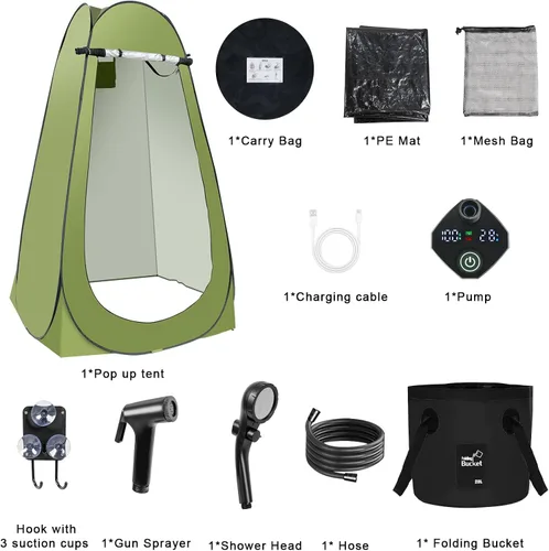 Vista 9 de Tienda de ducha desplegable para camping, tienda de ducha portátil al aire libre con ducha recargable de 6000 mAh (verde)