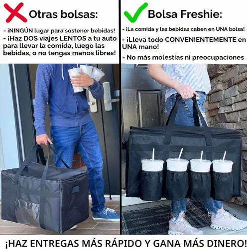 Vista 2 de FRESHIE Bolsa térmica para entrega de alimentos con portavasos/bebidas Premium, para Doordash, Uber Eats, Grubhub, bolsa de pizza, catering