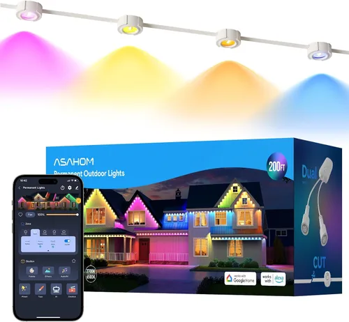 Vista 13 de ASAHOM AI - Luces permanentes para exteriores S107B, 100 pies con 72 luces LED RGBCW, 30,000 efectos de iluminación, controlador con doble salida