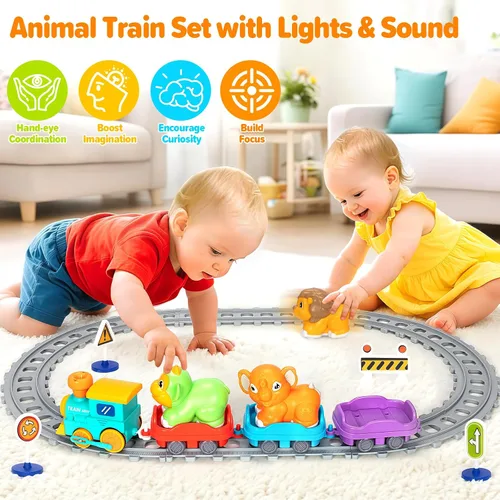 Vista 5 de Juego de tren eléctrico para niños pequeños, juguetes realistas de tren de vapor para niños con vías, juguetes de animales para niños pequeños de 1