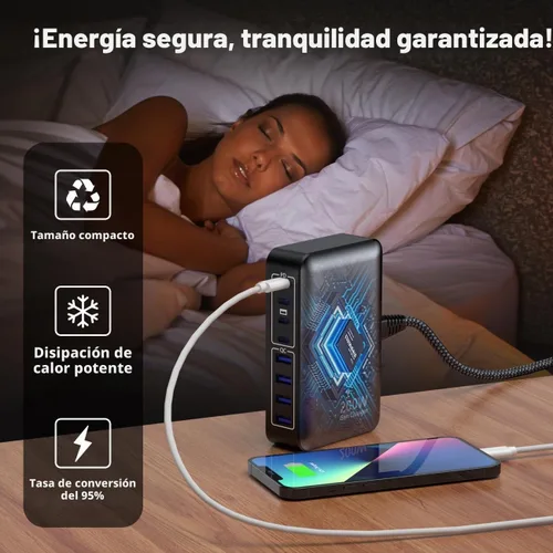 Vista 7 de Cargador USB C de 200 W, estación de carga rápida Gan de 8 puertos, adaptador de carga para laptop PD de 65 W compatible con MacBook Pro/Air, DELL