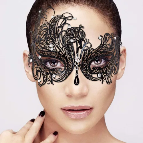 Vista 6 de FaceWood Máscara de mascarada para mujer, máscara de metal ultraligera brillante con diamantes de imitación veneciana, bonita fiesta, noche, baile
