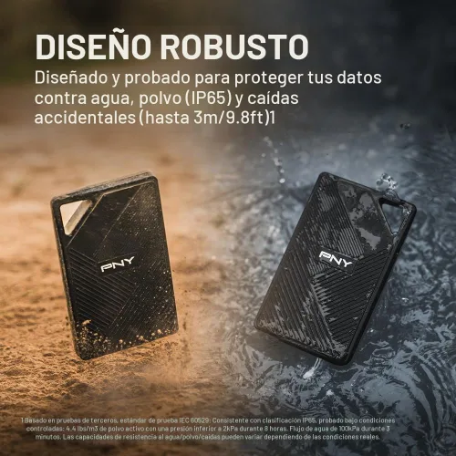 Vista 3 de PNY RP60 - SSD portátil de 2TB, hasta 2000MB/s, USB-C, USB 3.2 Gen2x2 - Resistente, con clasificación IP65, resistente al agua/polvo/caídas - Para