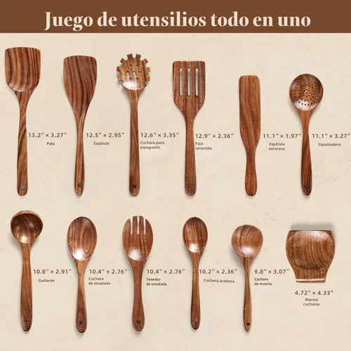Vista 2 de Cucharas de madera para cocinar, juego de 12 utensilios de cocina de madera antiadherentes con agarre cómodo, 100% madera de teca natural