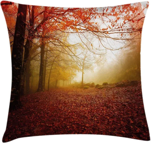 Vista 7 de Ambesonne Funda de cojín con diseño de naturaleza, bosque encantado en la temporada de otoño con hojas descoloridas, diseño de otoño brumoso