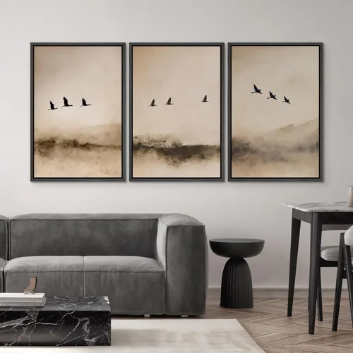 Vista 575 de SIGNWIN Lienzo enmarcado para pared, juego de arte pastel con cadena montañosa, bosque, niebla, naturaleza silvestre, ilustraciones modernas, arte