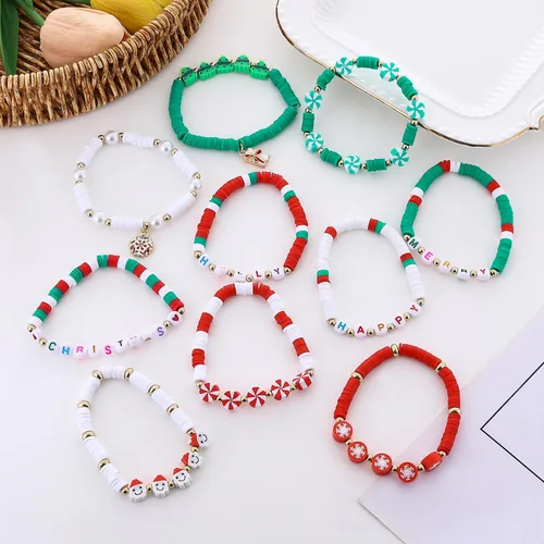 Vista 6 de 7-20 pulseras de cuentas de arcilla hechas a mano para mujeres, Halloween, Acción de Gracias, Navidad, 4 de julio, pulseras elásticas apilables