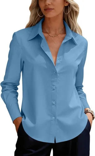 Vista 17 de siliteelon Camisas de vestir con botones para mujer, camisas de vestir de manga larga para mujer, camisas de trabajo de algodón de ajuste regular