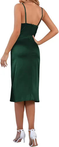 Vista 2 de LYANER - Vestido de satén para mujer, sin mangas, por debajo de la rodilla, con cuello drapeado, holgado y tirantes delgados, estilo camisola