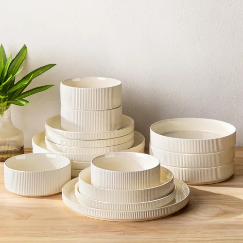 Vista 8 de TheTerra Juego de vajilla de cerámica para 4, juego de 12 platos y cuencos ligeros de porcelana, resistente a los arañazos, apto para horno