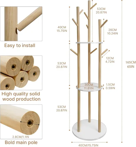 Vista 3 de LIWSHWZ Perchero de madera maciza independiente, perchero con 3 estantes y 9 ganchos, árbol de pasillo para dormitorio, entrada, sala de estar