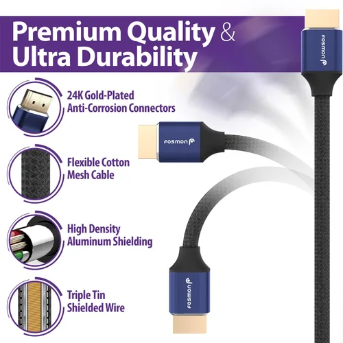 Vista 4 de Fosmon - Cable HDMI 2.0 de 0.3 m, 4K@60Hz, certificado premium en pared CL3, 18Gbps de súper alta velocidad, HDR, HDCP 2.2/1.4, 3D, ARC, 30AWG