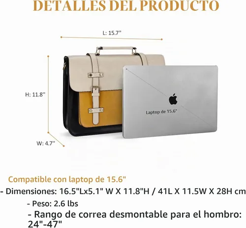 Vista 6 de ECOSUSI Bolsa de mensajero de cuero vegano para mujer, maletín de moda, bolso de mano para computadora Negro