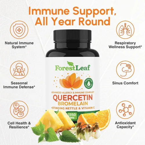 Vista 2 de Quercetina 500 mg con bromelina, vitamina C y ortiga picante. Suplemento avanzado para senos nasales y alergias. 90 cápsulas vegetales naturales.