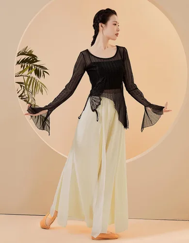 Vista 7 de Camiseta de malla transparente con cuello redondo y manga larga para mujer